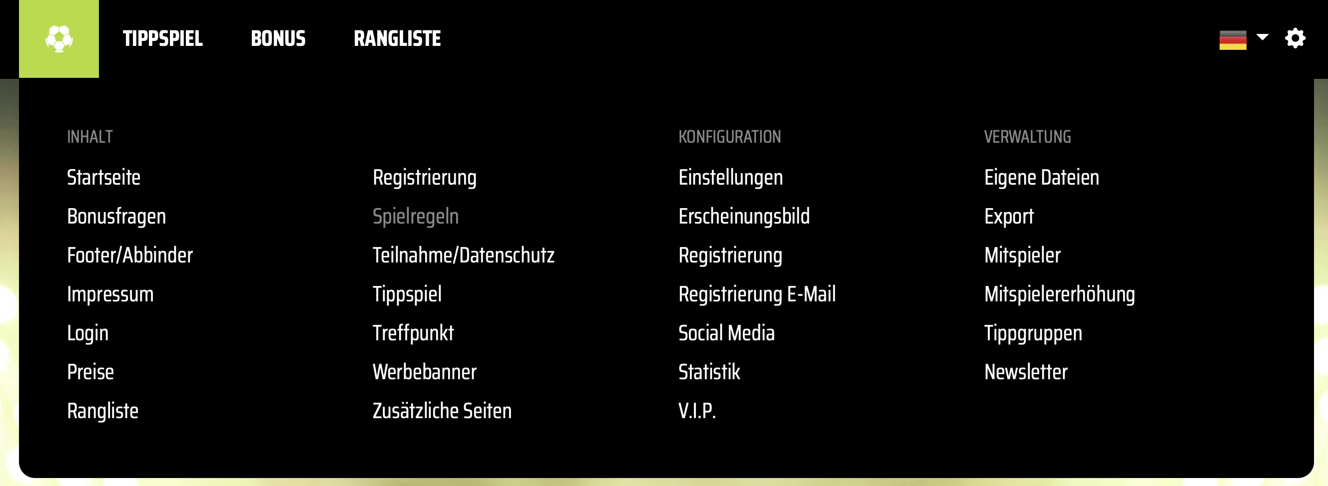 Administrationsnavigation mit Zahnrad oben rechts